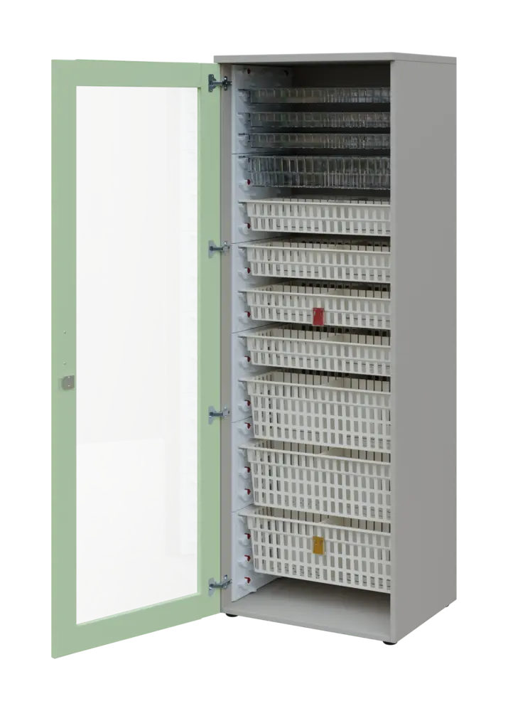 EUROMEDICA S - 66 skříň léková boxová, 1-dveřová/prosklená, levá, 1950x660x535, korpus šedý, dvířka šedo-zelinkavá